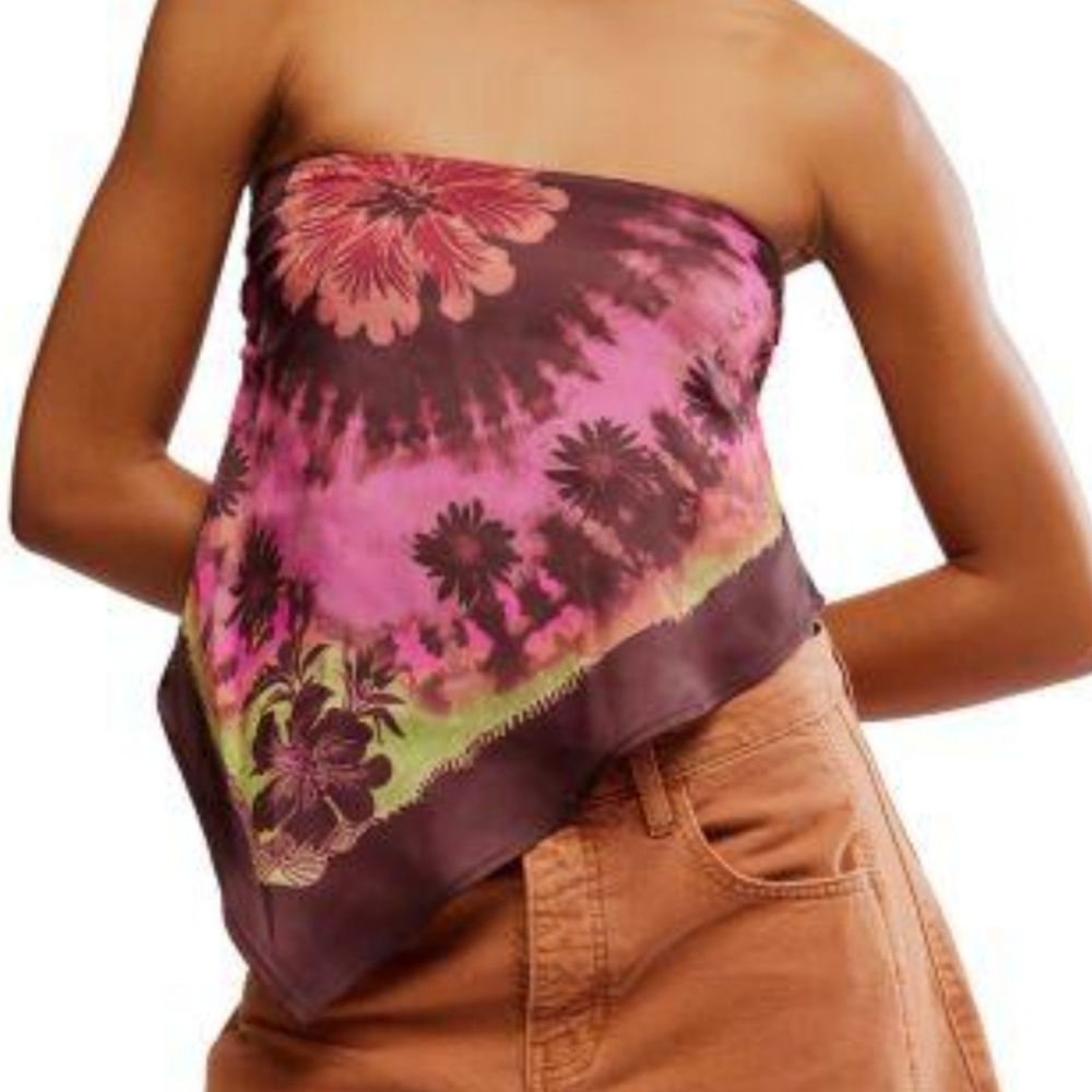 Free People Brown and Pink Tie-Dye Floral Bandana Tank Top
